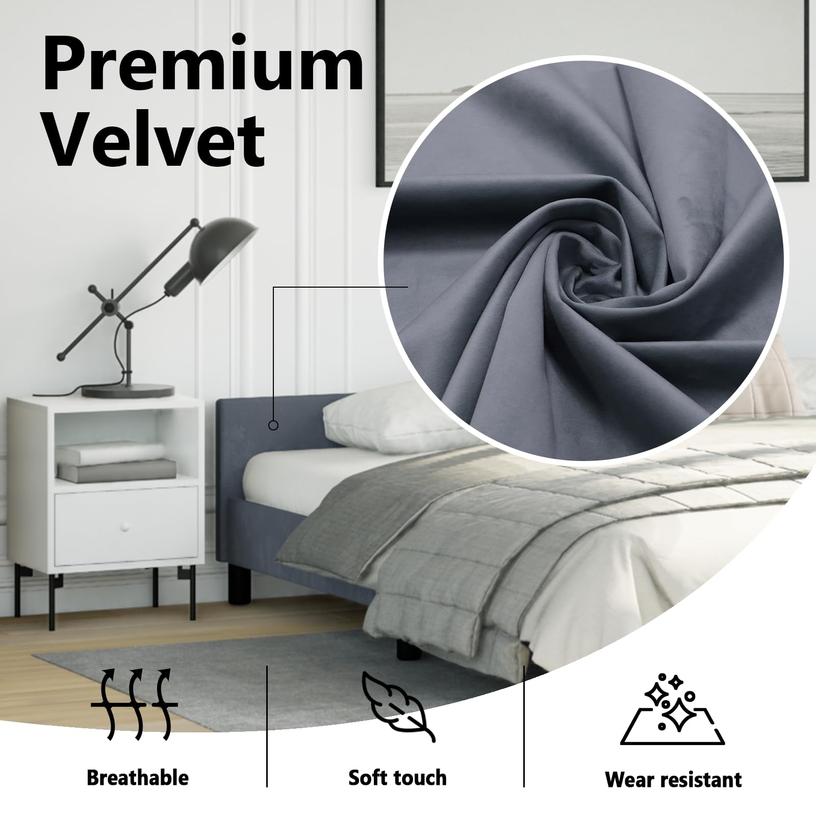 vidaXL Velvet Bed Frame Platform Bed, Scandinavian Style/Slats Support/No Box Spring Needed/Without Mattress/Easy Assembly, Dark Grey King Bed