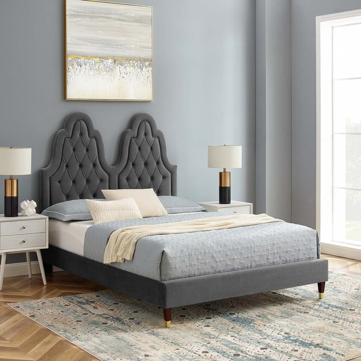 Modway Alexandria Tufted Performance Velvet King Platform Bed in Charcoal with Wood and Gold Legs