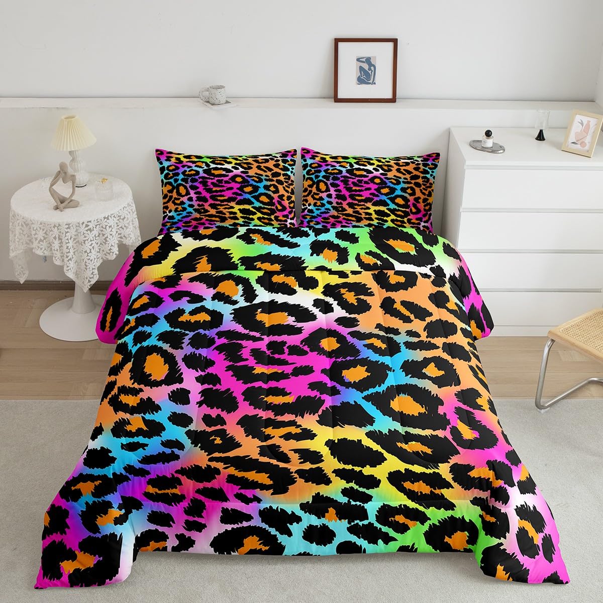 Leopard Print Comforter Set For Girls Kids Women Neon Rainbow Leopard Fur Bedding Set Mottled Exotic Panthera Skin Comforter Roo