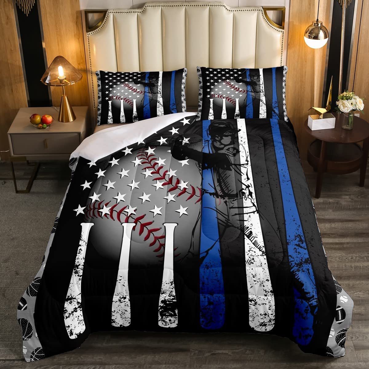 Boys Baseball Bedding Set Twin,Grunge Style Baseball Bat Basketball Softball Comforter Set For Kids Bedroom Decor,American Flag