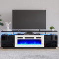 Amerlife Fireplace Tv Stand With 36' White Fireplace, 70' Modern High Gloss Fireplace Entertainment Center Led Lights, 2 Tier Tv Console Cabinet For Tvs Up To 80', Black & White