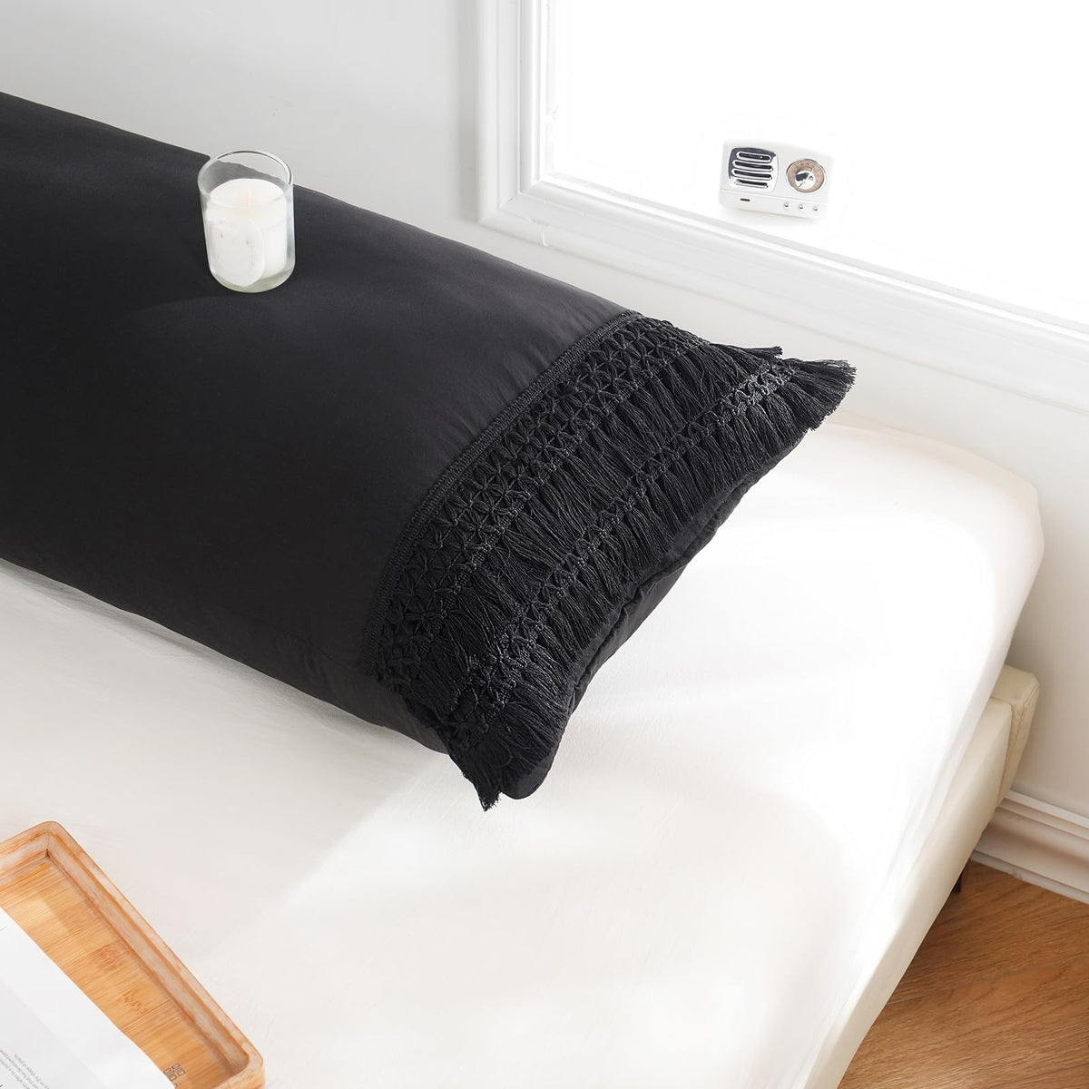 Black Body Pillow Cover 20X54 Body Pillow Case Cover Black Macrame Tassel Decor Design Boho Body Pillow Case Cover With Pocket C