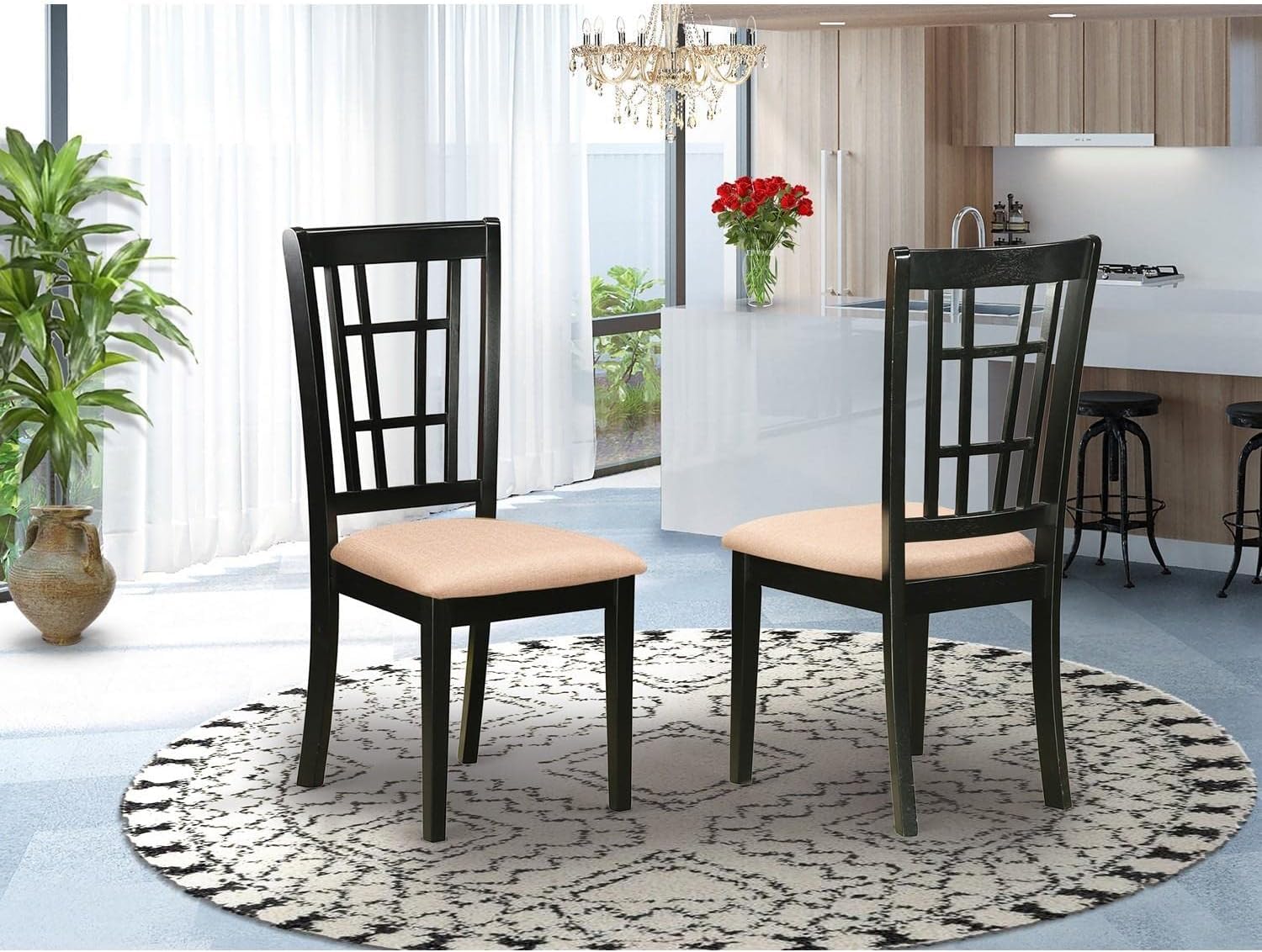 East West Furniture Nicoli Kitchen Dining Linen Fabric Upholstered Wood Chairs, Set of 2, Black
