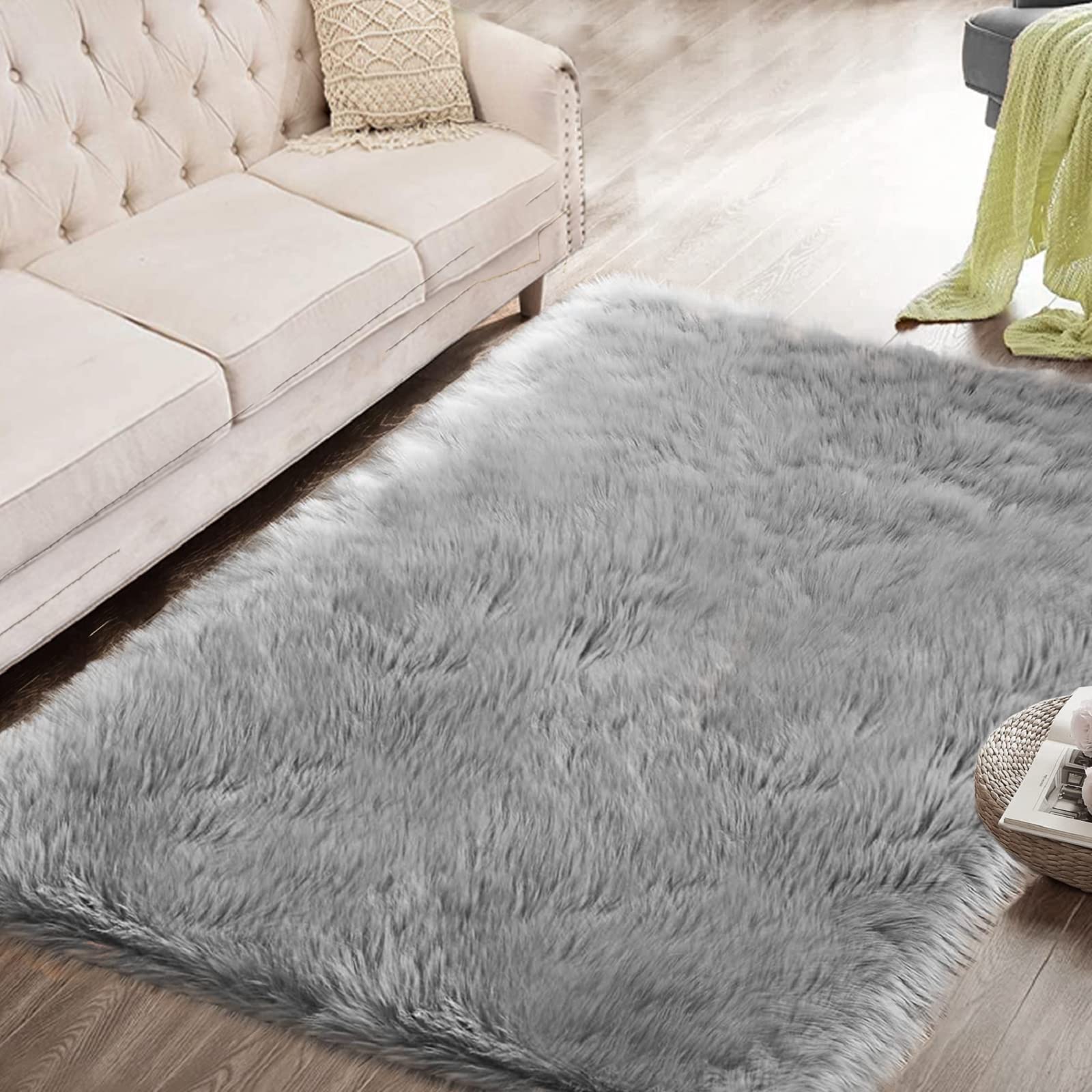 ORINOVA Silver Grey Washable Furry Area Rugs for Living Room Fluffy Faux Fur Rug for Bedroom Rugs 3x5 Nursery Rug