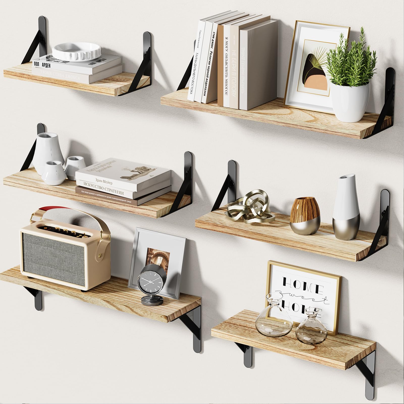 Amada Homefurnishing Wall Shelves Set Of 6, Wood Floating Shelves For Wall Decor, Rustic Farmhouse Wall Shelves For Bedroom, Bathroom Shelves For Wall Storage, Book Shelves For Living Room, Wooden