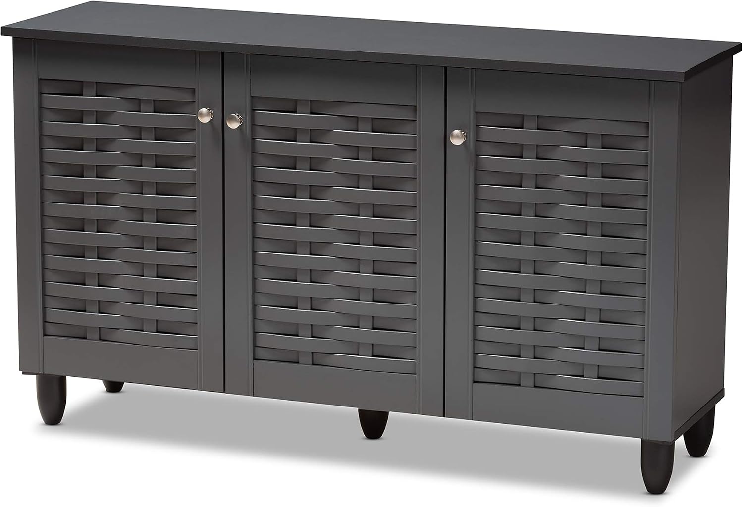 Click to see full view      5+  VIDEO Baxton Studio Wadia Modern and Contemporary Dark Gray 3-Door Wooden Entryway Shoe Storage Cabinet