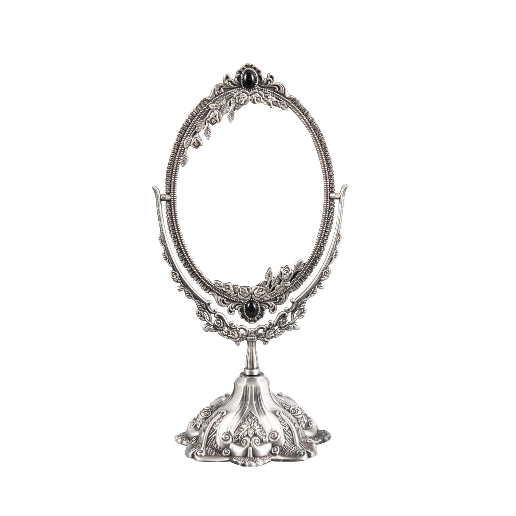 Feyarl Small Vintage Makeup Mirror Floral Tabletop Oval Vanity Mirror with Stand Dressing Room Swivel Double Sided Elegant Decor