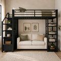 Merax Queen Size Metal Loft Bed with Wardrobe & Storage Staircase, 4Tier Shelves, FullLength Guardrails, 400 lbs Capacity, No 
