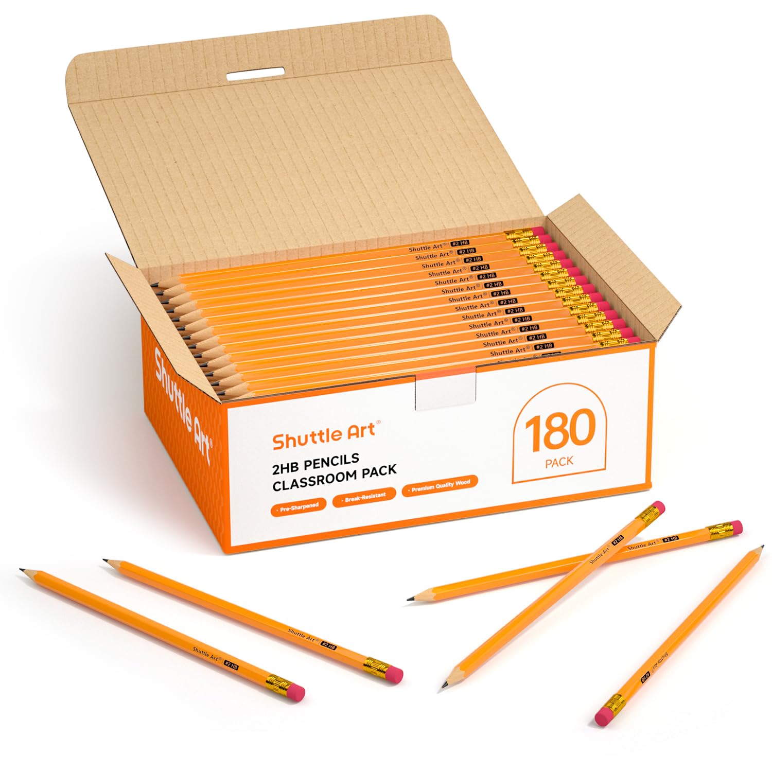 Shuttle Art Wood-Cased #2 Hb Pencils, 180 Pack Sharpened Yellow Pencil With Erasers, Bulk Pack Graphite Pencils For School And T