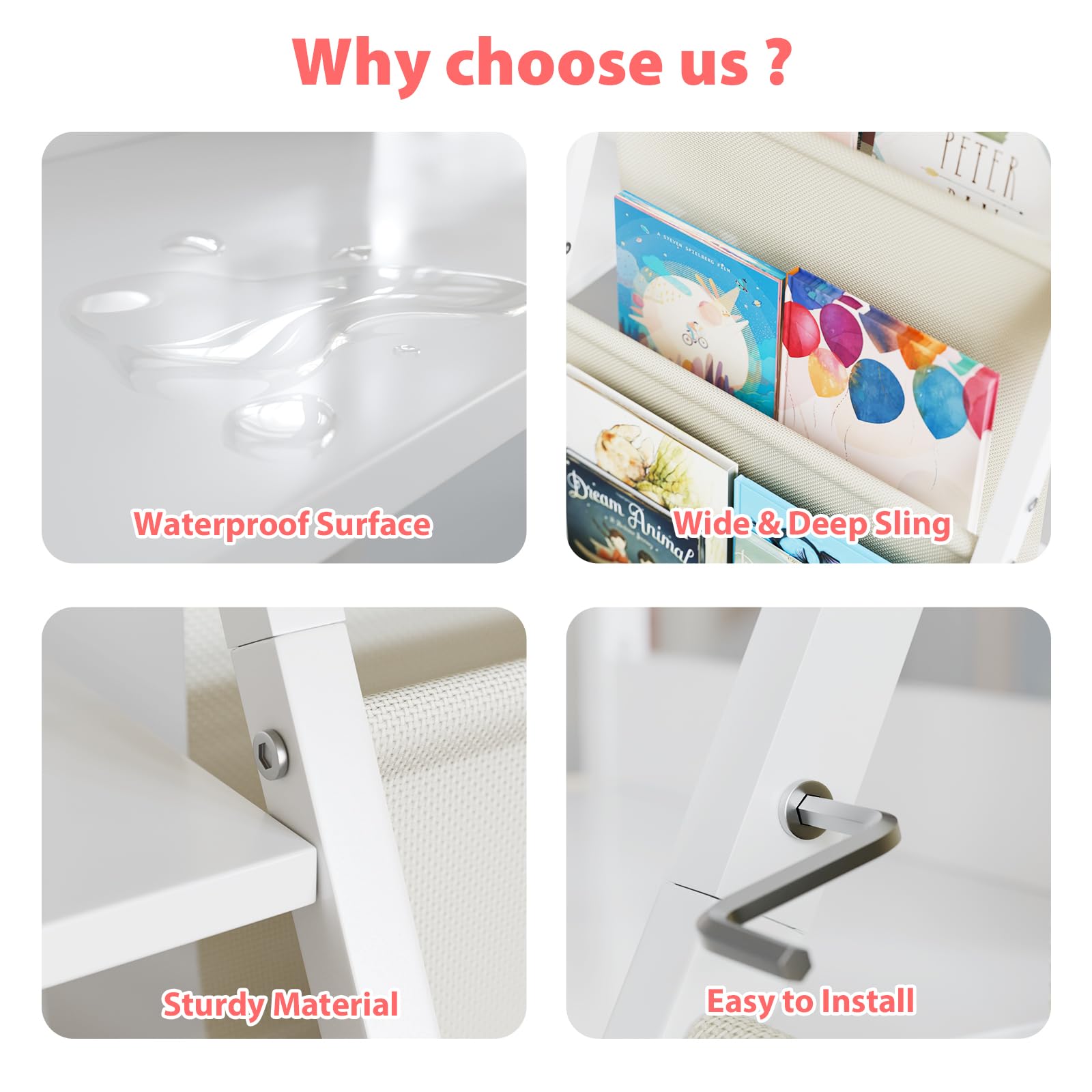 Latibell 3 Tier Kids Bookshelf And Toy Storage, Kids Book Sling Shelf, Montessori Baby Toddler Bookshelf For Kids, Kids Bookcase, Toy Storage Organizer, For Playroom, Bedroom, Nursery (White)