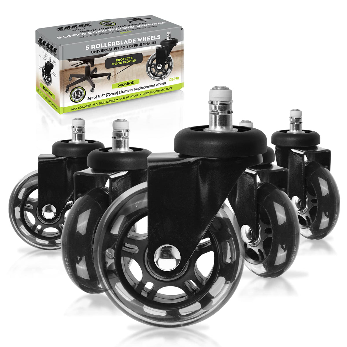 Slipstick Premium Rubber Office Chair Caster Wheels (Set Of 5) 3 Inch Chair Wheels For All Hard Surface Floors & Carpet, Heavy D