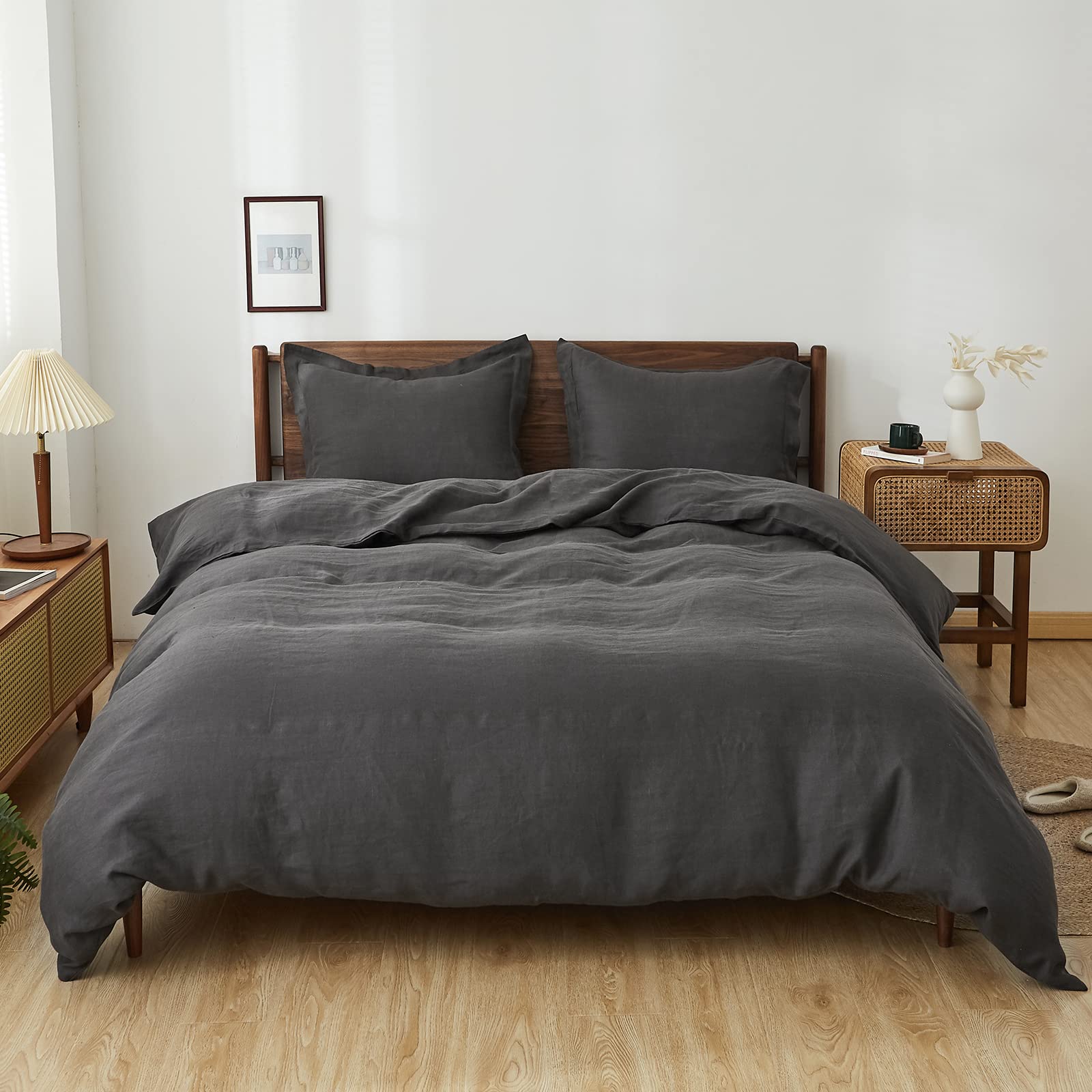 Simple&Opulence 100% Linen Duvet Cover Set, Pure Natural French Flax Dark Grey Duvet Cover Twin Size, Breathable Soft Comfy Line