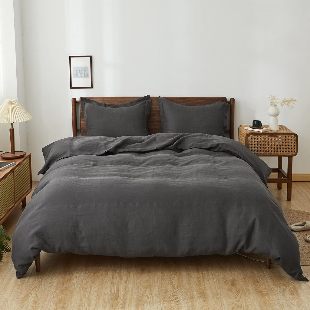 Simple&Opulence 100% Linen Duvet Cover Set, 3 PCS Pure Natural French Flax Dark Grey Duvet Cover Queen Size, Breathable Soft Com