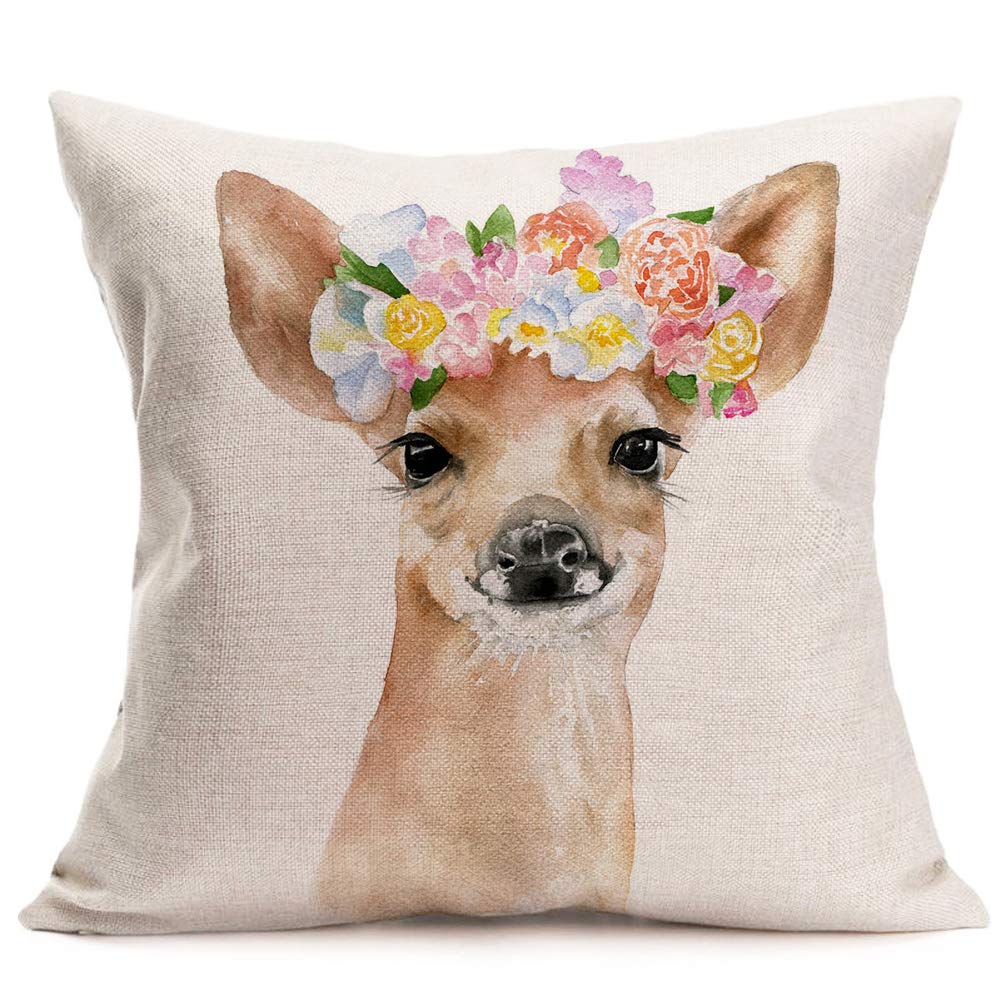 Hopyeer Pillow Covers Cotton Linen Pillowcases Woodland Fawn Floral Bloom Wreath Decorative Cute Animal Throw Pillow Case Cushio