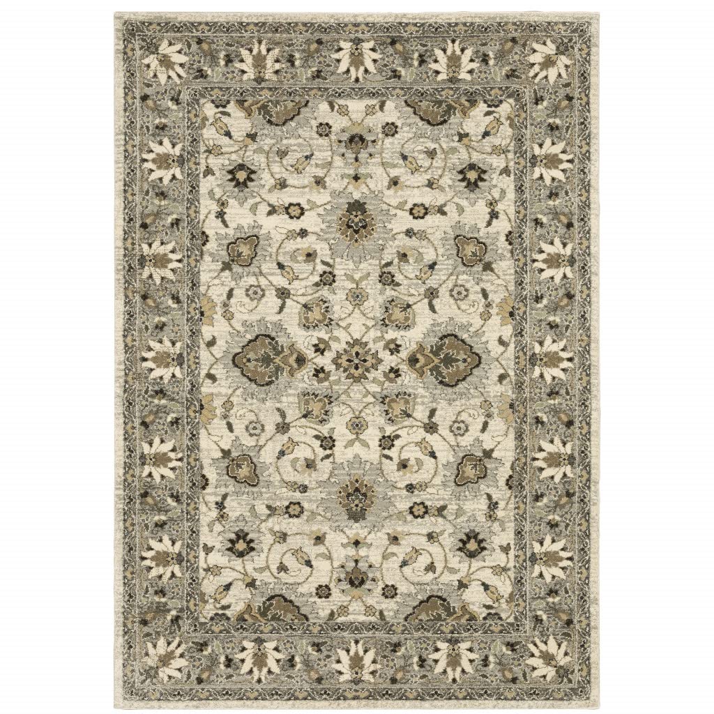 HomeRoots 508855 10 x 13 ft. Beige Gray Brown & Charcoal Oriental Power Loom Stain Resistant Rectangle Area Rug