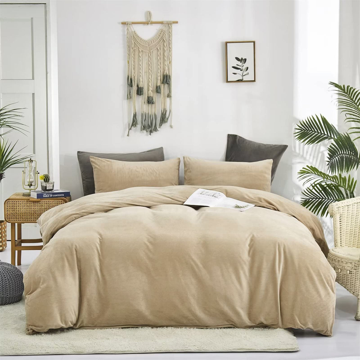 Houseri Velvet Taupe Comforter Set Queen Light Khaki Fluffy Comforter Light Brown Flannel Bedding Fuzzy Comforter Queen Size Tan