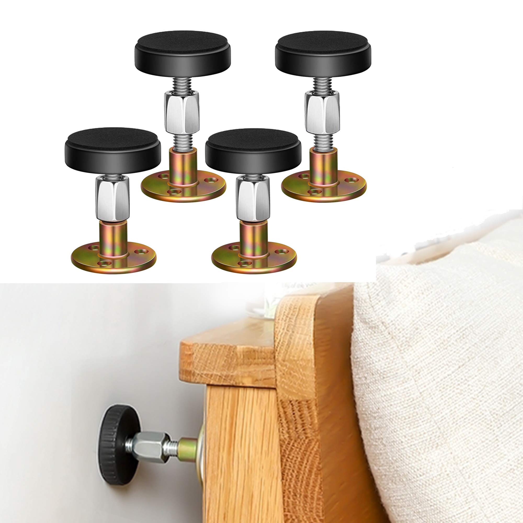 Krisler Adjustable Threaded Bed Frame Anti-Shake Tool, Headboard Stoppers, Bedside Anti Shake Tool for Beds Cabinets Sofas, 4PCs