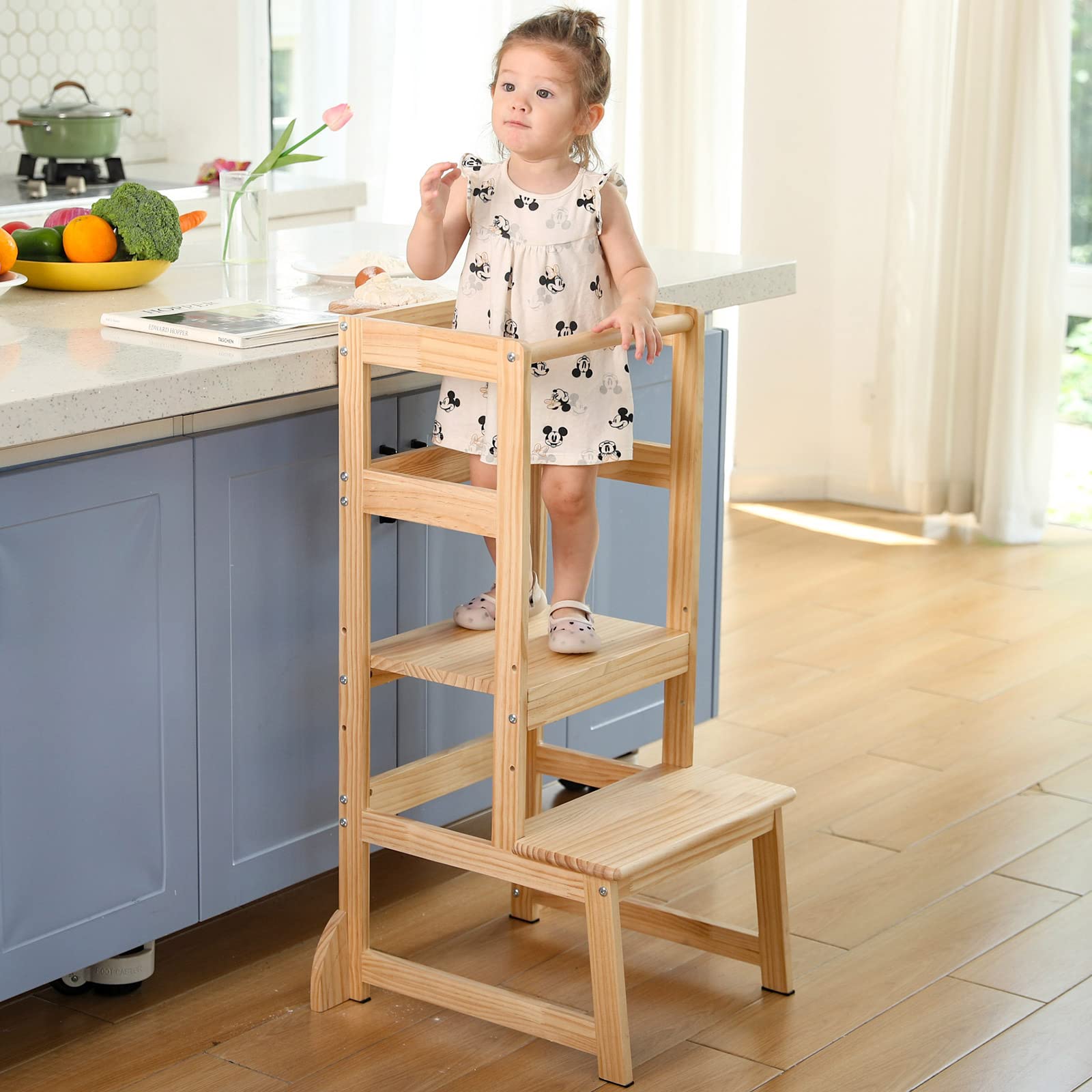 Mother'S Helper Adjustable Height Kitchen Step Stool, Kids Helper Learning Stool Toddler Tower With Safety Rail For Kitchen Coun