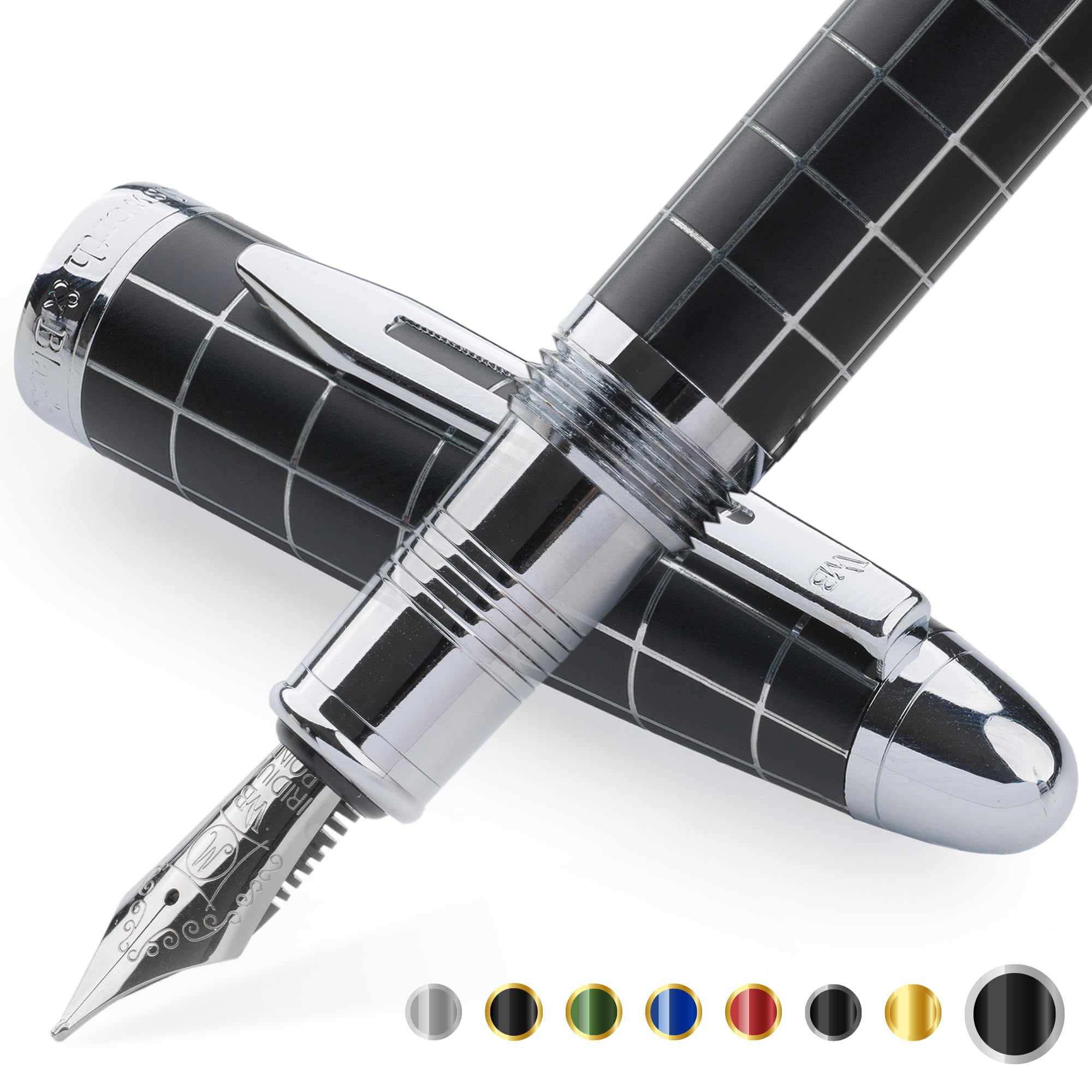 Wordsworth & Black Majesti Fountain Pen - (Checked), Luxury Case, Chrome Finish, Iridium Medium Nib - 24 Ink Cartridges, Refilla