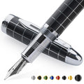 Wordsworth & Black Majesti Fountain Pen - (Checked), Luxury Case, Chrome Finish, Iridium Medium Nib - 24 Ink Cartridges, Refilla