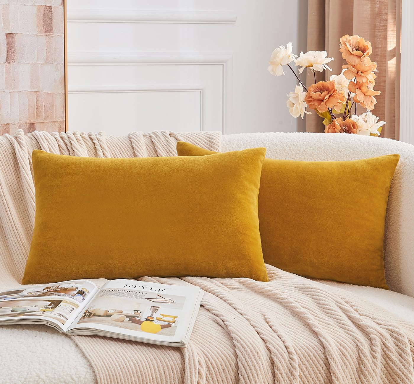 Grineed Throw Pillow Covers Mustard Yellow Set Of 2 12X20 Inch Fall Pillow Covers, Soft Velvet Farmhouse Lumbar Decorative Pillo