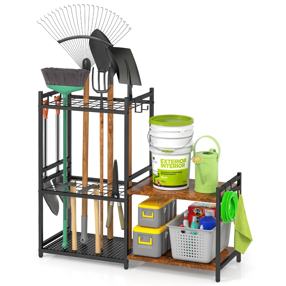 Daoutime Garage Tool Organizer With 2-Tier Wooden Shelves, Yard Tool Organizer For Garage With 6 Hooks, Heavy Duty Steel Garden