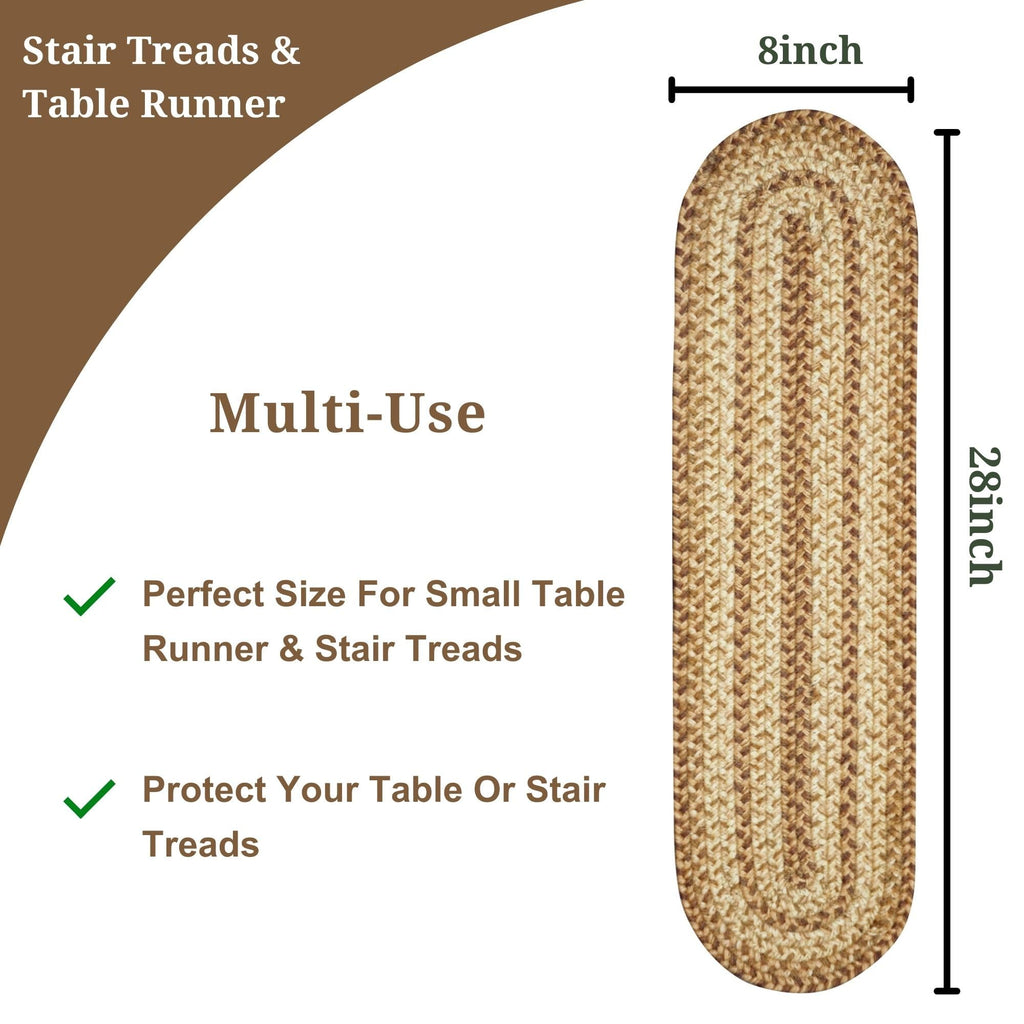Cookie Dough Premium Jute Braided Stair Tread By Homespice 8'' X 28'' (Set Of 13) Oval Beige, Tan Reversible, Natural Jute Yarn