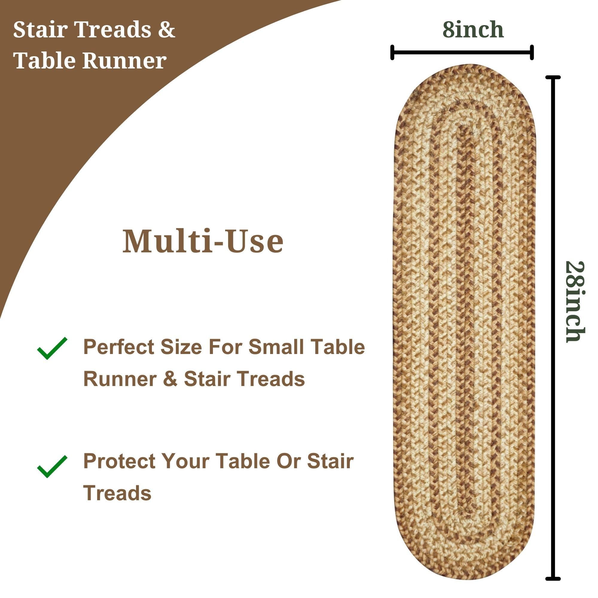 Cookie Dough Premium Jute Braided Stair Tread By Homespice 8'' X 28'' (Set Of 13) Oval Beige, Tan Reversible, Natural Jute Yarn