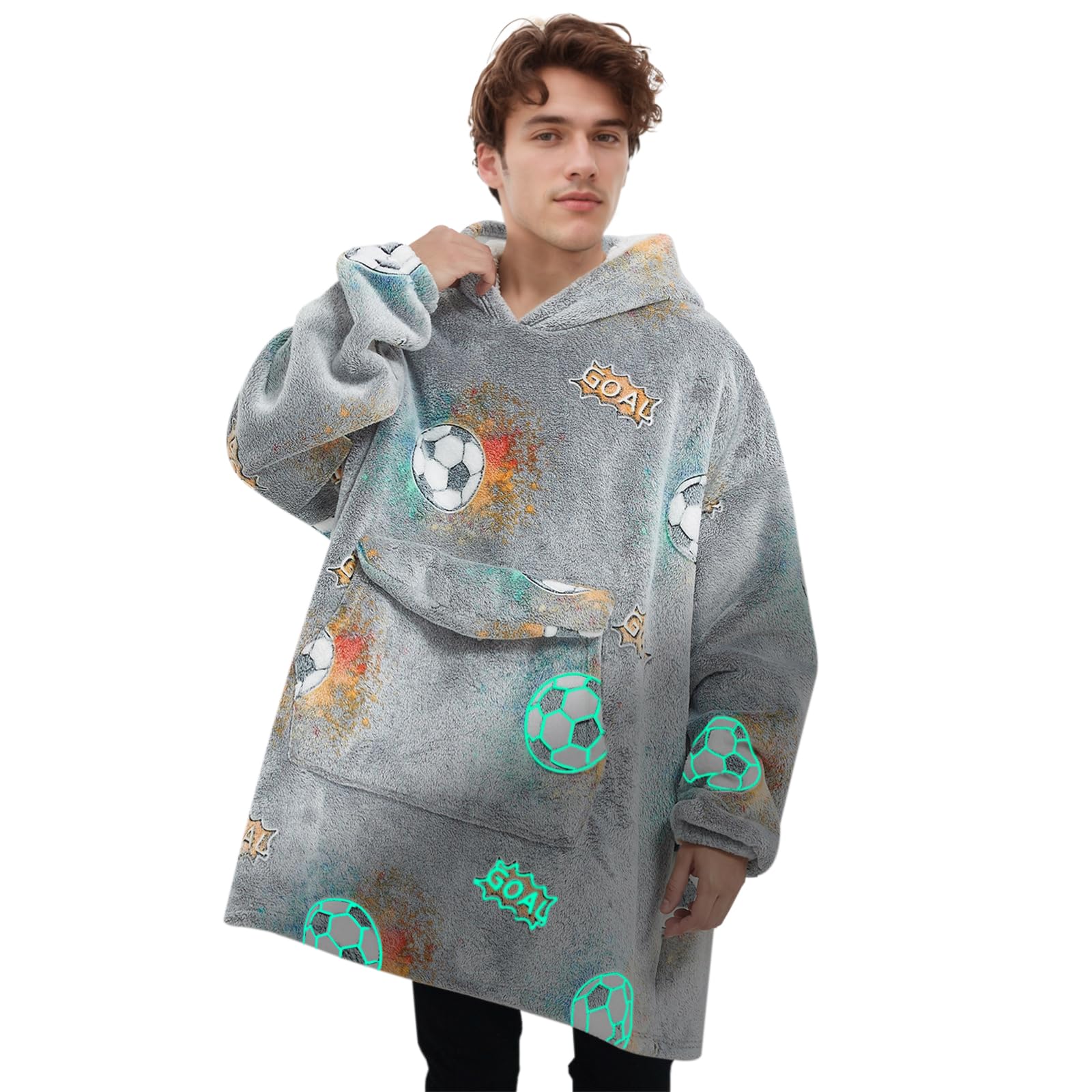 Fiosnow Glow in the Dark Football Blanket Hoodies for Women and Men Adult Oversize Wearable Blanket Hoodies for Soft and Warm