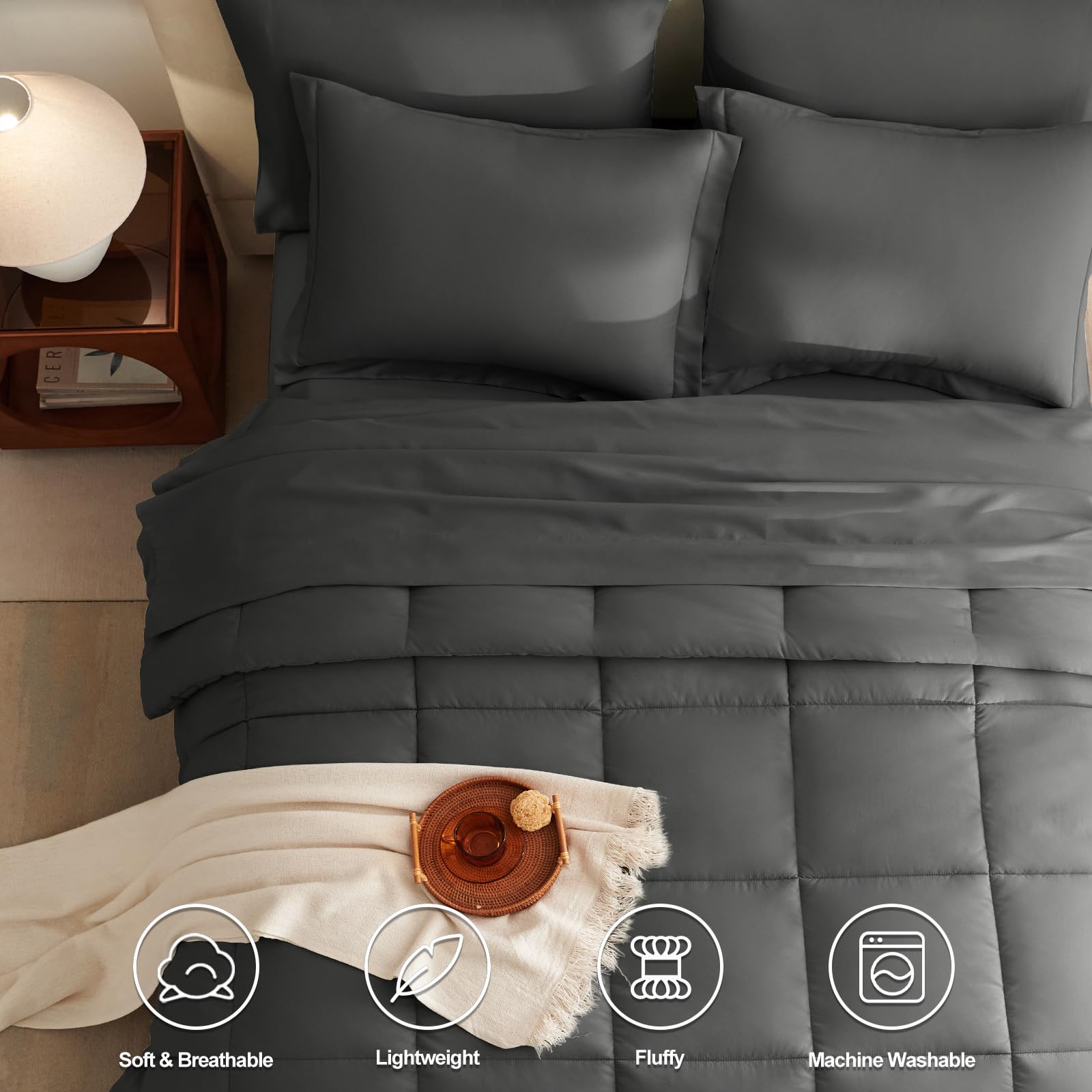 Cozylux Dark Grey Comforter Full Size 7 Pieces Bed In A Bag Set Dark Grey Comforter Set Bedding Sets Full For All Season With Comforter, Flat Sheet, Fitted Sheet, Pillowcases Dark Gray Full