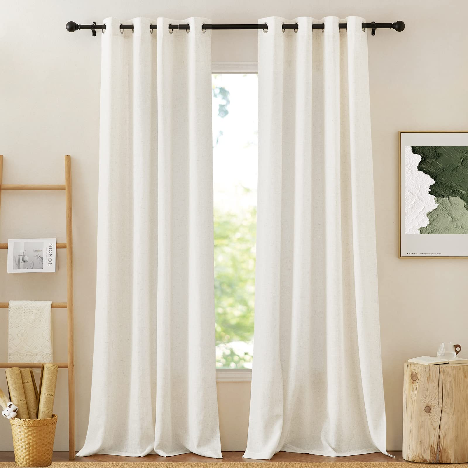 Nicetown Flax Linen Curtains For Windows 84 Inch Length, Grommet Semi Sheer Vertical Drapes Privacy Added With Light Filtering F