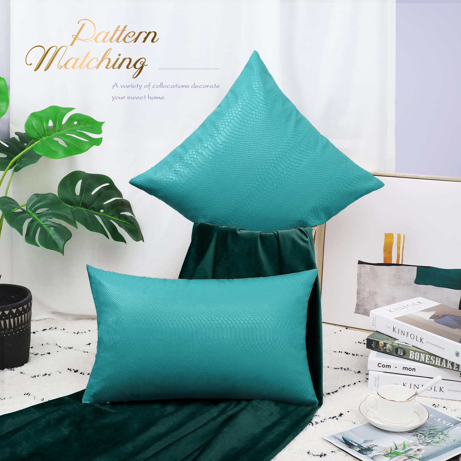 Brawarm Teal Leather Throw Pillows 20 X 20 Inches, Snake Leather Pillow Covers Pack Of 2, Faux Leather Decorative Pillow Covers