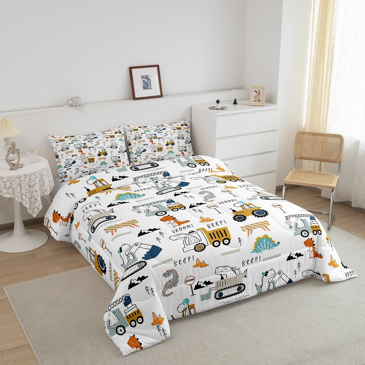 Feelyou Construction Bedding Set Twin Size Equipment Trucks Comforter Set For Kids Boys Girls Decor Dinosaur Comforter 3D Digita