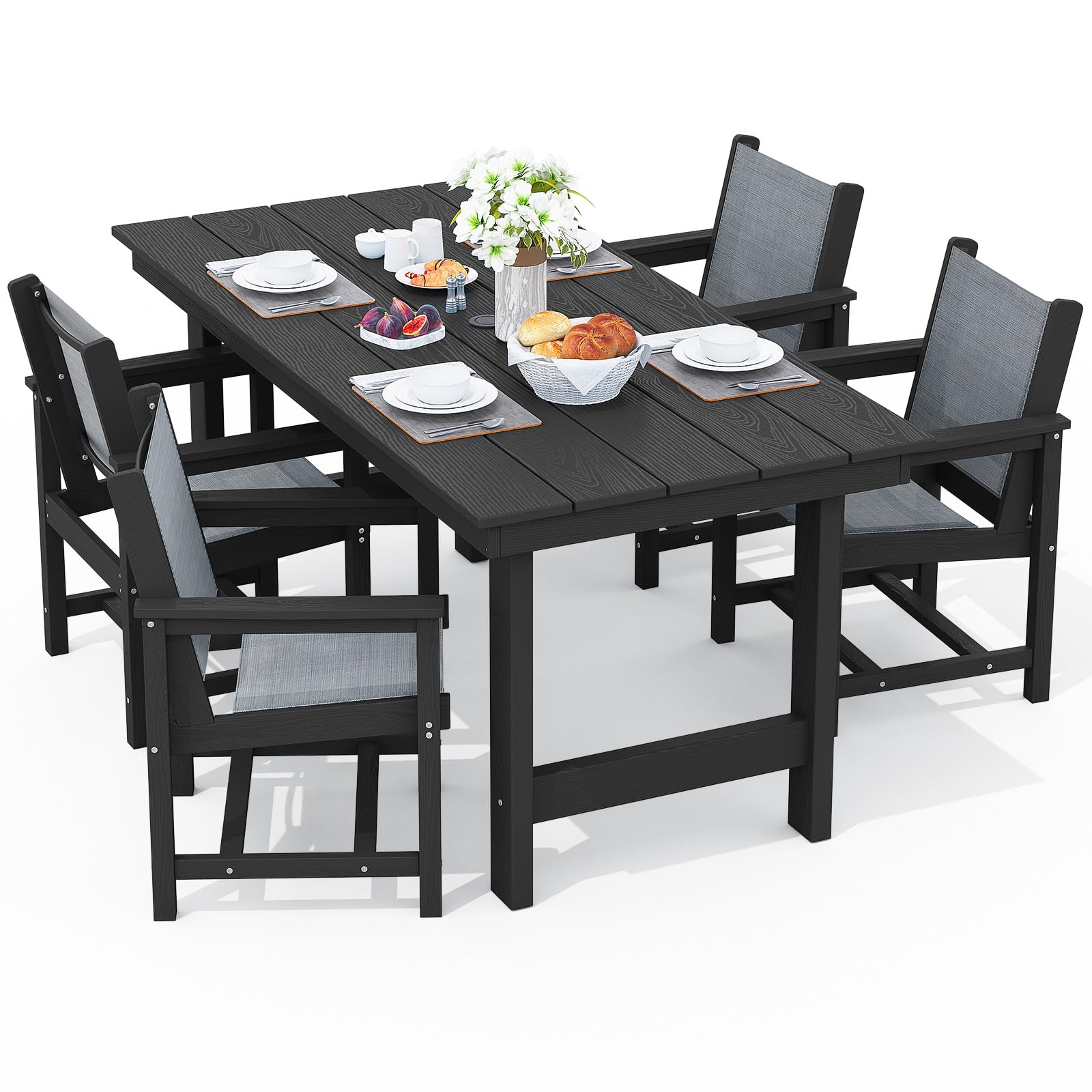 Serwall 5 Piece Outdoor Dining Table Sets For 4 With 1 Umbrella Hole Cut-Out Rectangular Table And 4 Textilene Chairs, Hdpe Dining Table Sets For Garden, Backyard, Poolside, Black