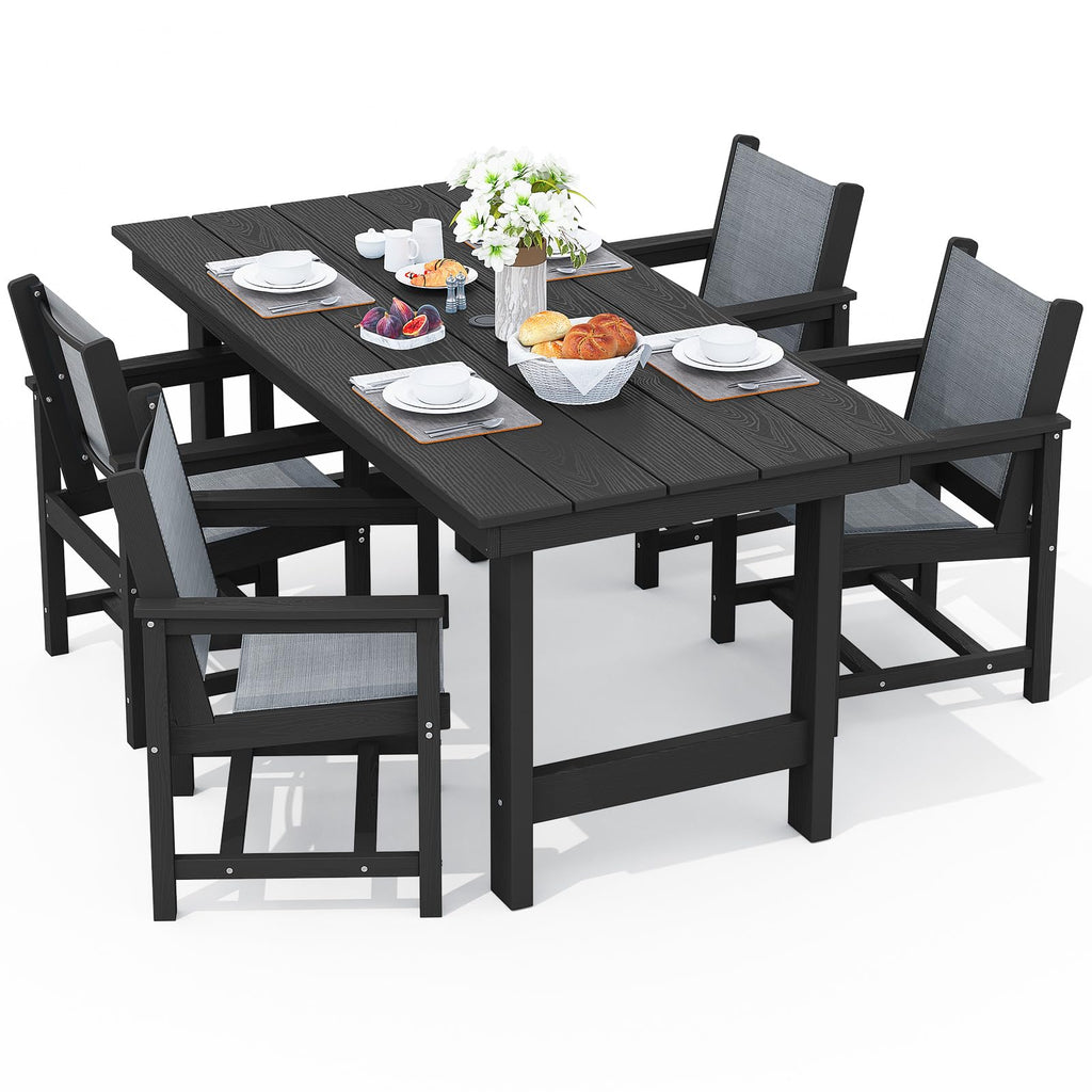 Serwall 5 Piece Outdoor Dining Table Sets For 4 With 1 Umbrella Hole Cut-Out Rectangular Table And 4 Textilene Chairs, Hdpe Dining Table Sets For Garden, Backyard, Poolside, Black