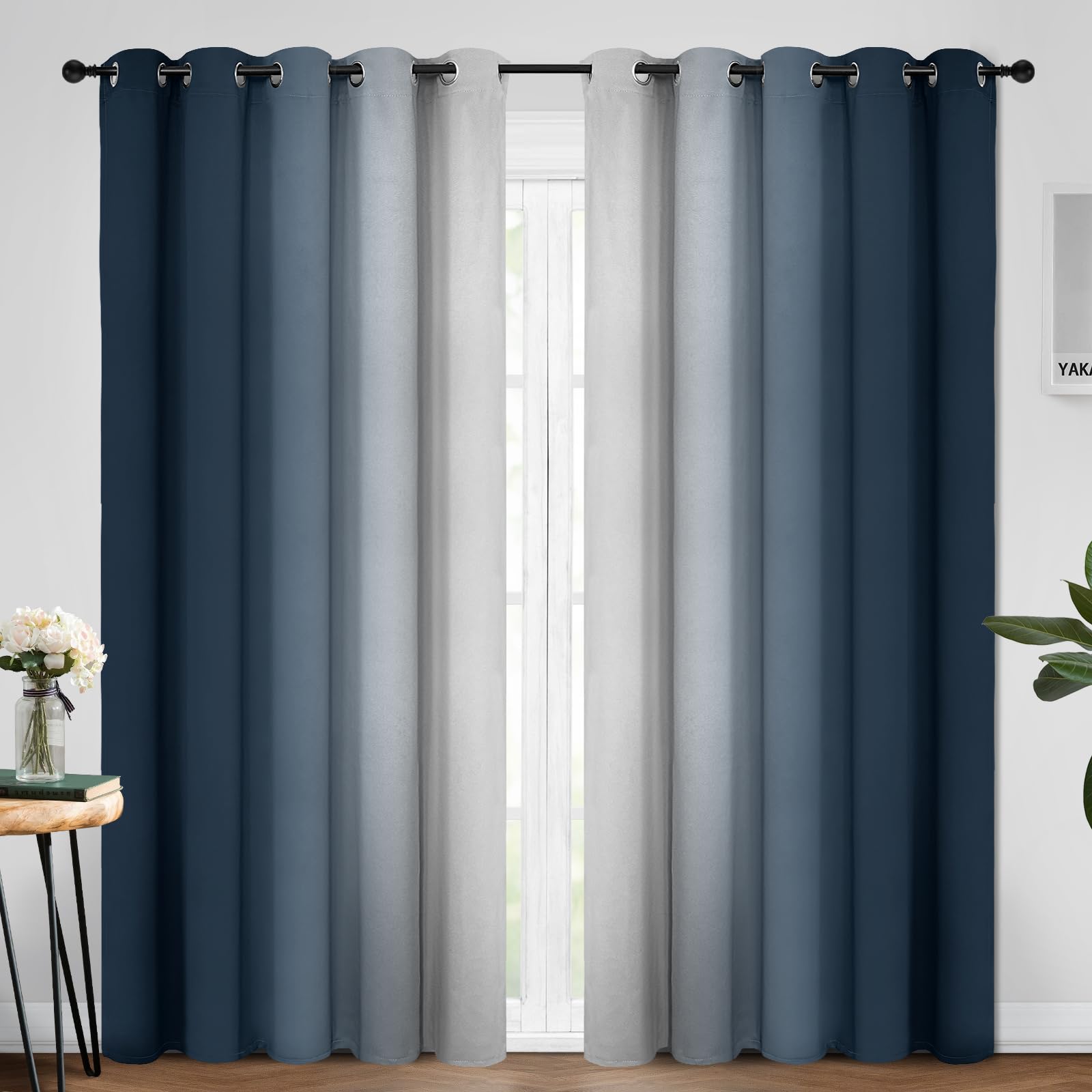 Yakamok Room Darkening Ombre Curtains 84 Inch Length, Navy Blue And Greyish White Thermal Insulated Gradient Color Curtains,Ligh
