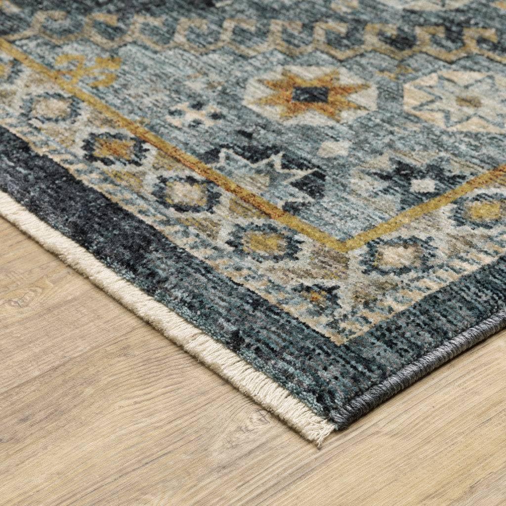 HomeRoots 508092 8 x 11 ft. Blue Gold Ivory & Navy Oriental Power Loom Stain Resistant Rectangle Area Rug with Fringe