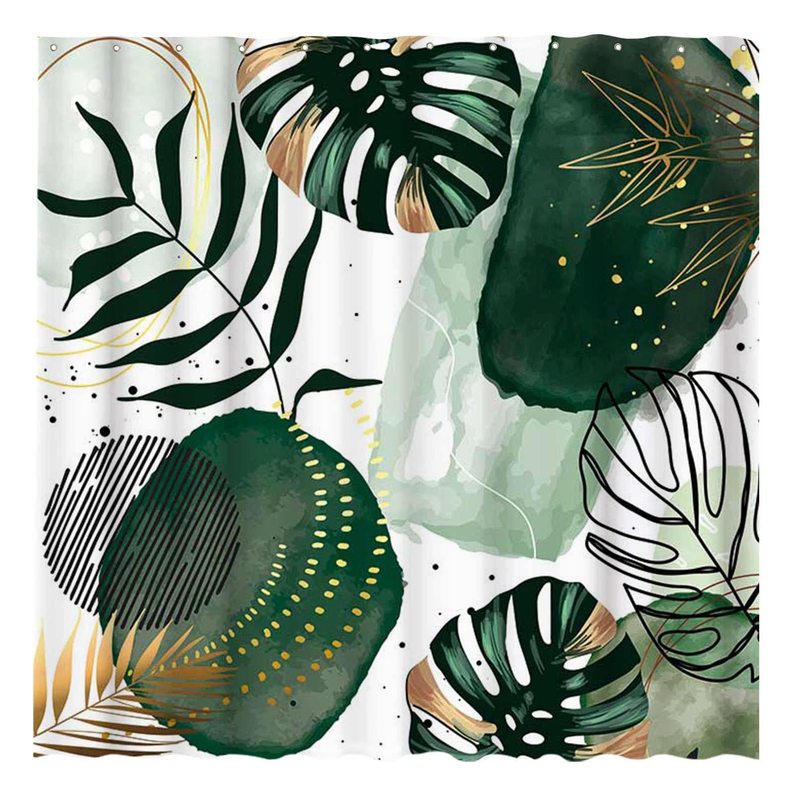 Funnytree Green Chic Abstract Shower Curtain Set with Hooks Boho Leaves Tropical Watercolor Simple Minimalist Fancy Modern Bathr