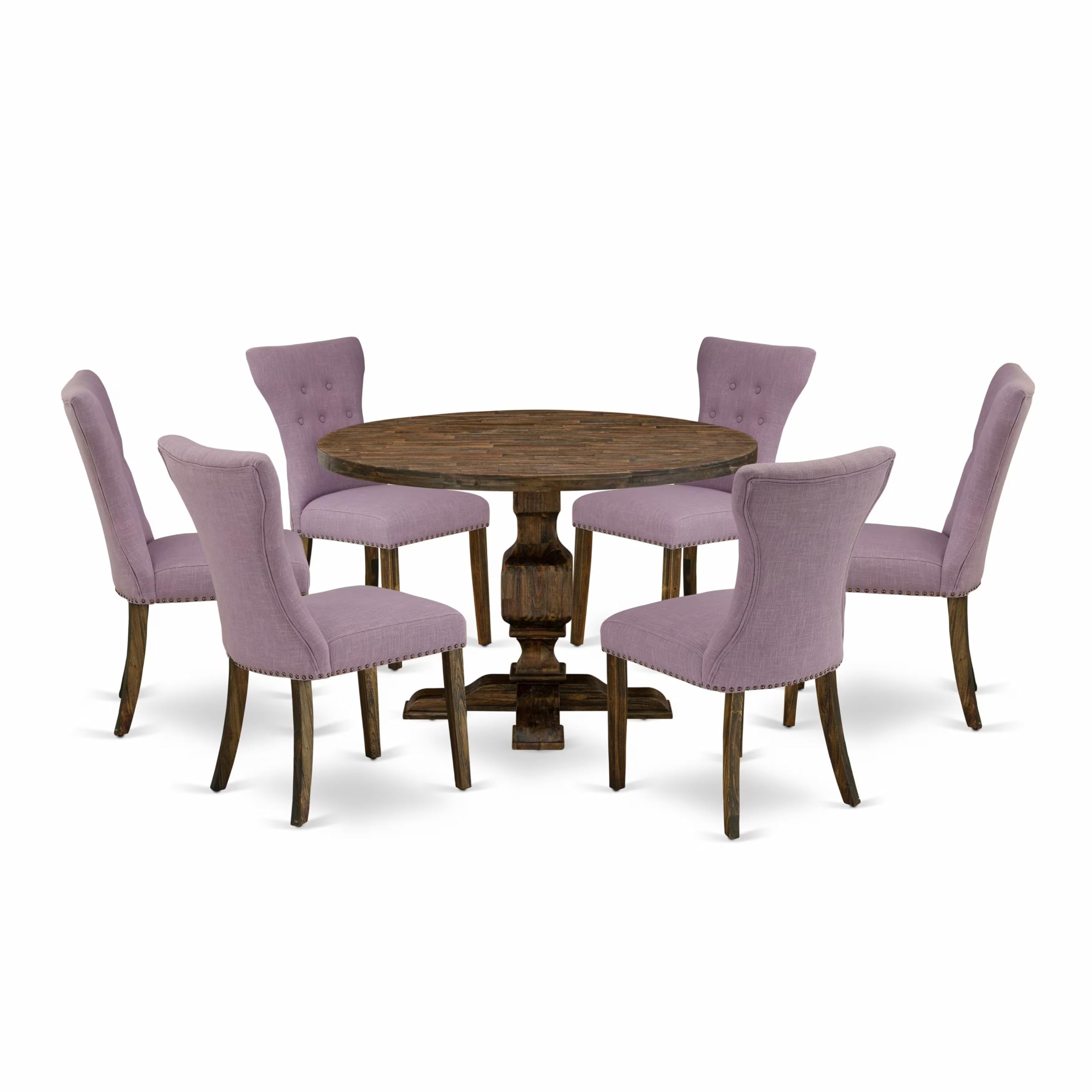 East West Furniture I3GA7-740 7 Piece Dining Table Set Consist of a Round Dining Room Table with Pedestal and 6 Dahlia Linen Fabric Upholstered Parson Chairs, 48x48 Inch, Distressed Jacobean