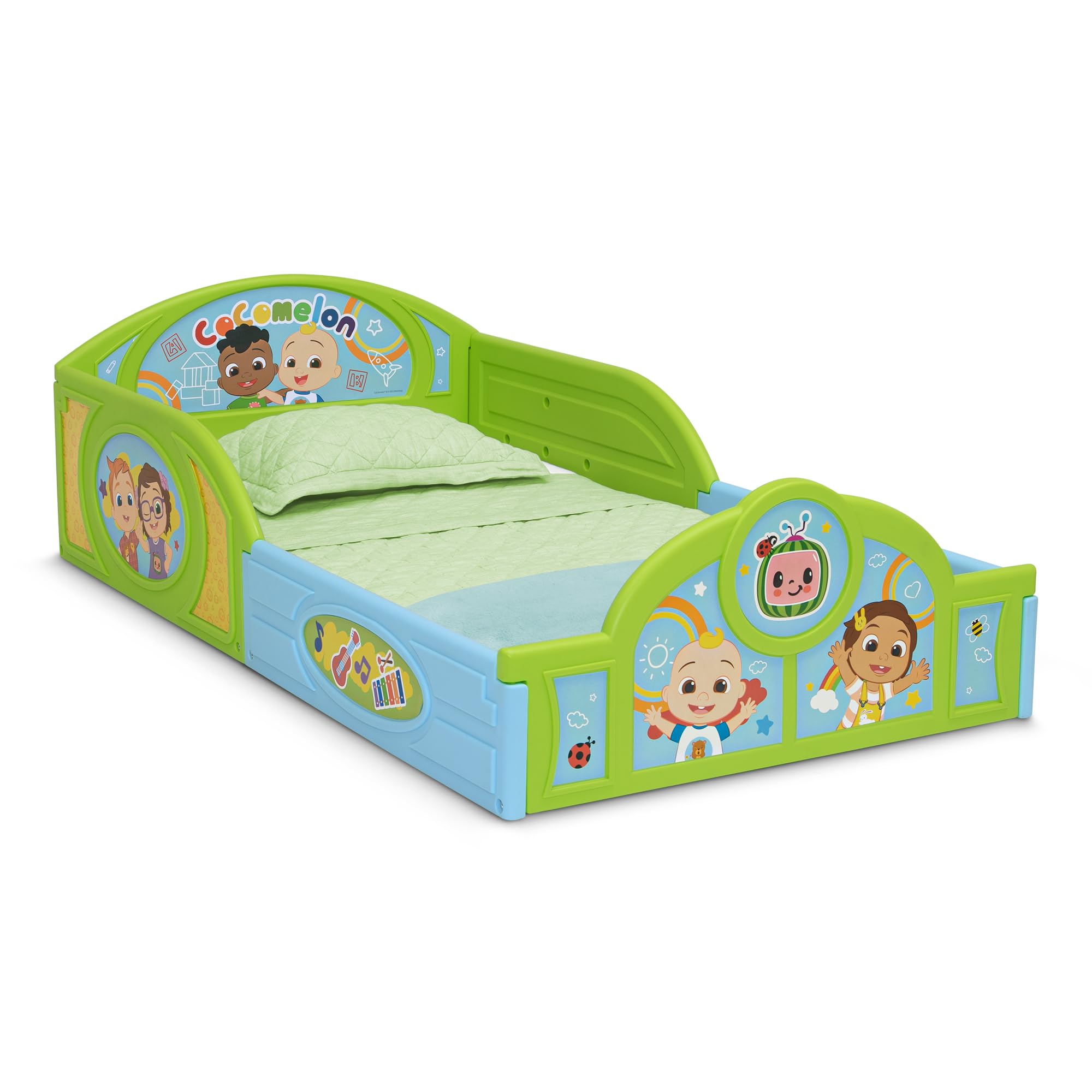 Delta Children CoComelon Sleep and Play Toddler Bed, Table, Chair and Toy Box Set Wood Green 99763CM-1224
