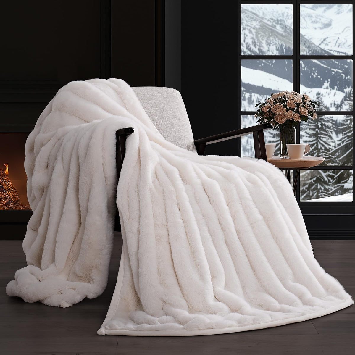 Evergrace Soft Luxury Faux Rabbit Fur Throw Blanket For Couch, Cozy Fluffy Channel Throw Blanket For Bed, Fuzzy Warm Thick Mink