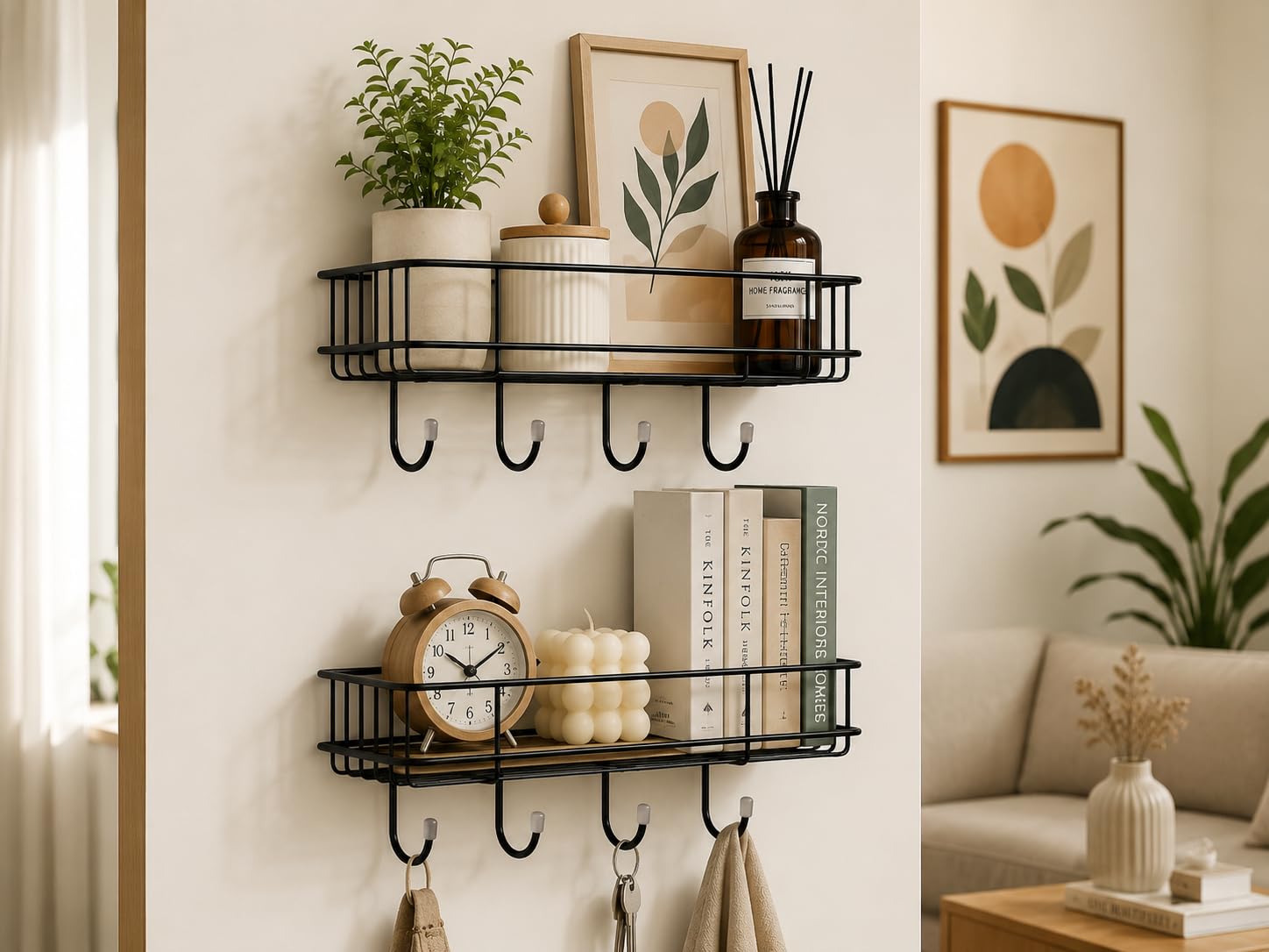 Wall Shelf With Hooks No Drill Adhesive Pack Of 2 Matte Black