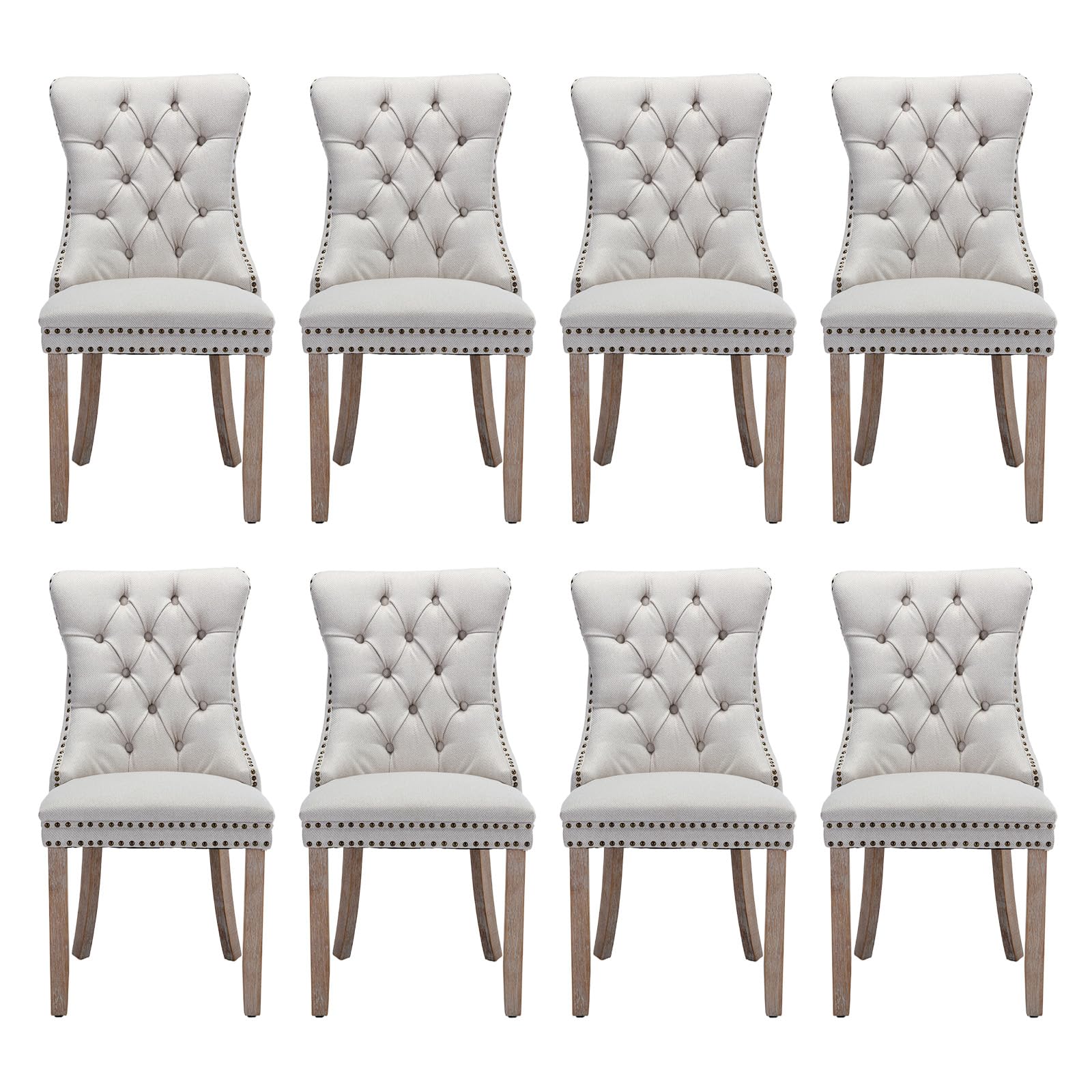 Soartalent Linen Upholstered Dining Chairs Set Of 8, Modern Style Kitchen Side Chairs With Nailhead Trim And Wood Leg, Metal Pul
