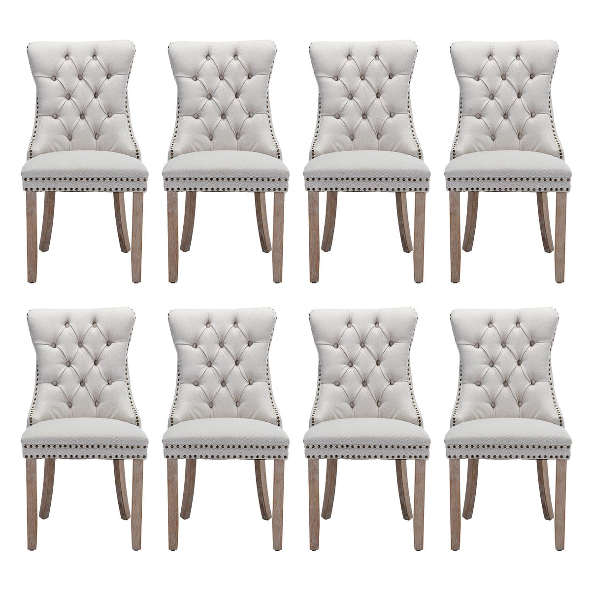 Soartalent Linen Upholstered Dining Chairs Set Of 8, Modern Style Kitchen Side Chairs With Nailhead Trim And Wood Leg, Metal Pul