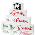 Gerrii 4 Pcs Christmas Table Decorations Wooden Block Signs Tabletop Decor Rustic Jesus Tiered Tray Decor Farmhouse Blocks Decor