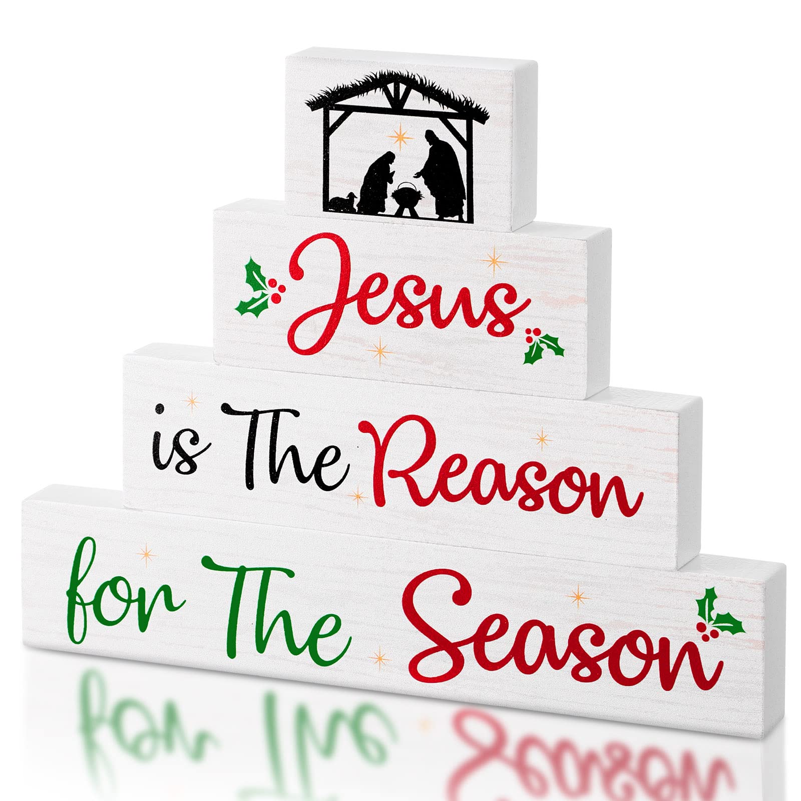Gerrii 4 Pcs Christmas Table Decorations Wooden Block Signs Tabletop Decor Rustic Jesus Tiered Tray Decor Farmhouse Blocks Decor