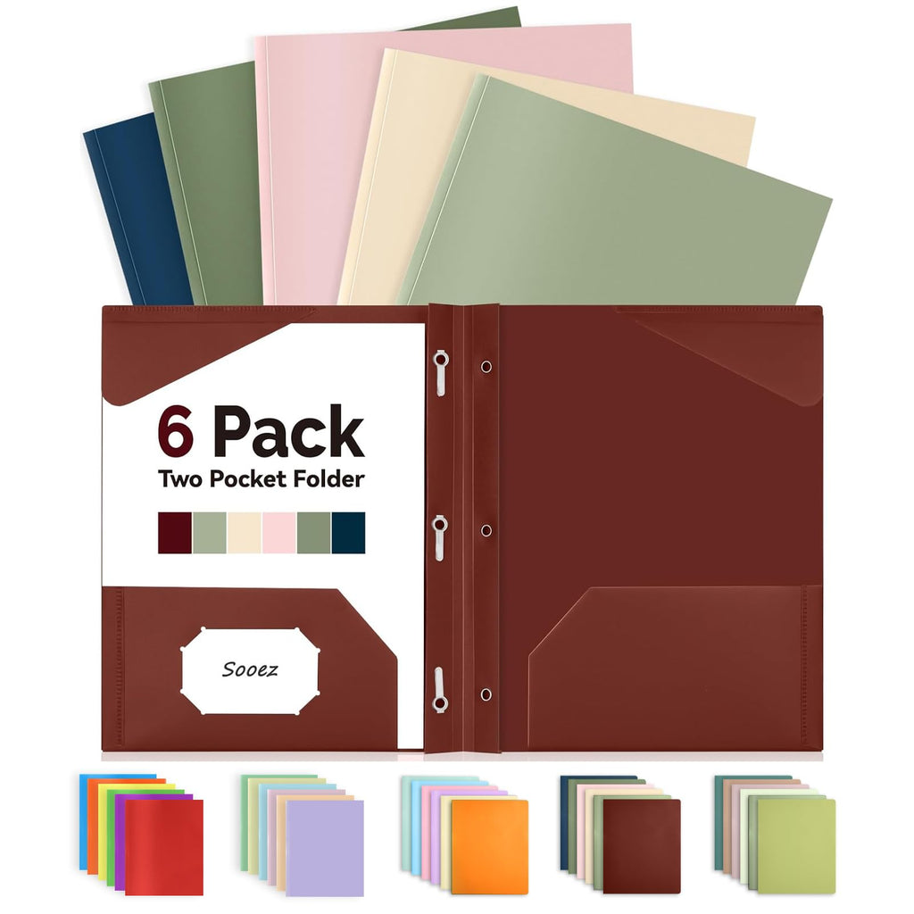 Sooez Retro Colors File Folders With Prongs, 6 Pack, 2 Pocket Folders, Letter Size, Heavy-Duty Plastic, School & Office Supplies
