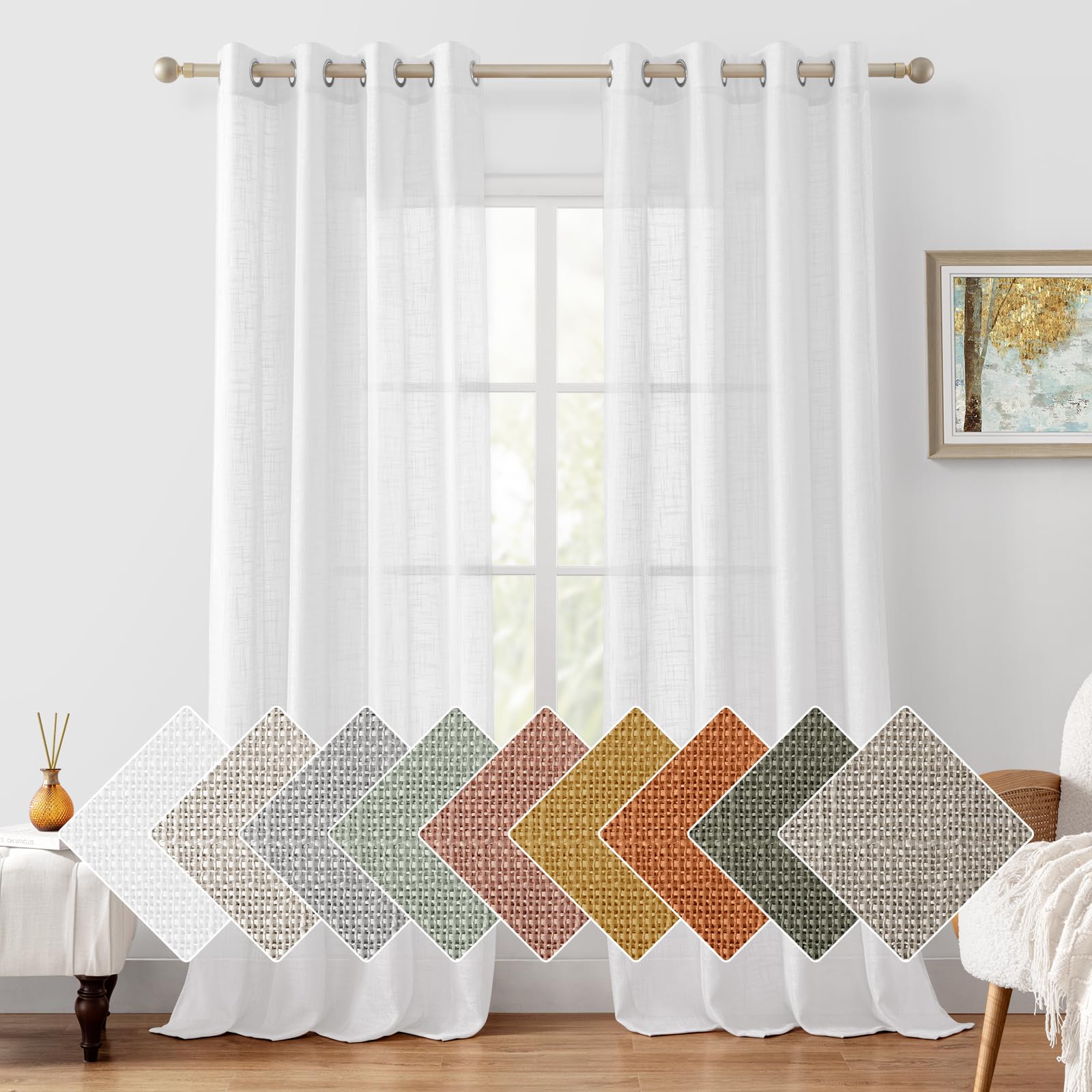 Homeideas White Linen Sheer Curtains 84 Inches Long 2 Panels Textured Semi Sheer Curtains Farmhouse Curtains Sheer Privacy Windo