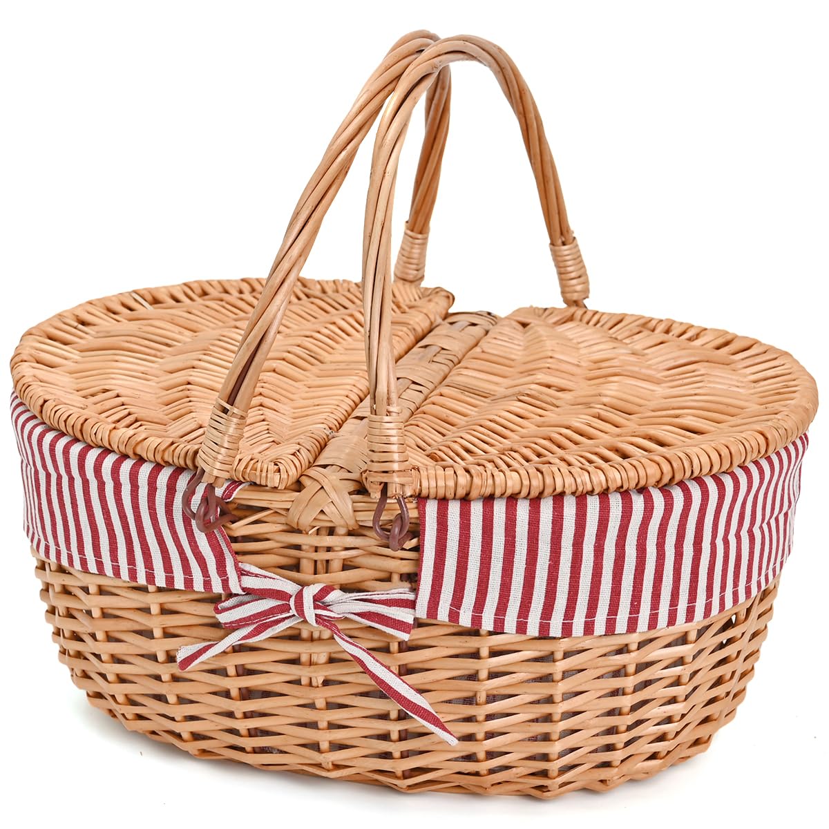 Wicker Picnic Basket with Removable Liner Empty Picnic Baskets with Lid, Picnic Hamper with Foldable Handles for Picnic, Red Str