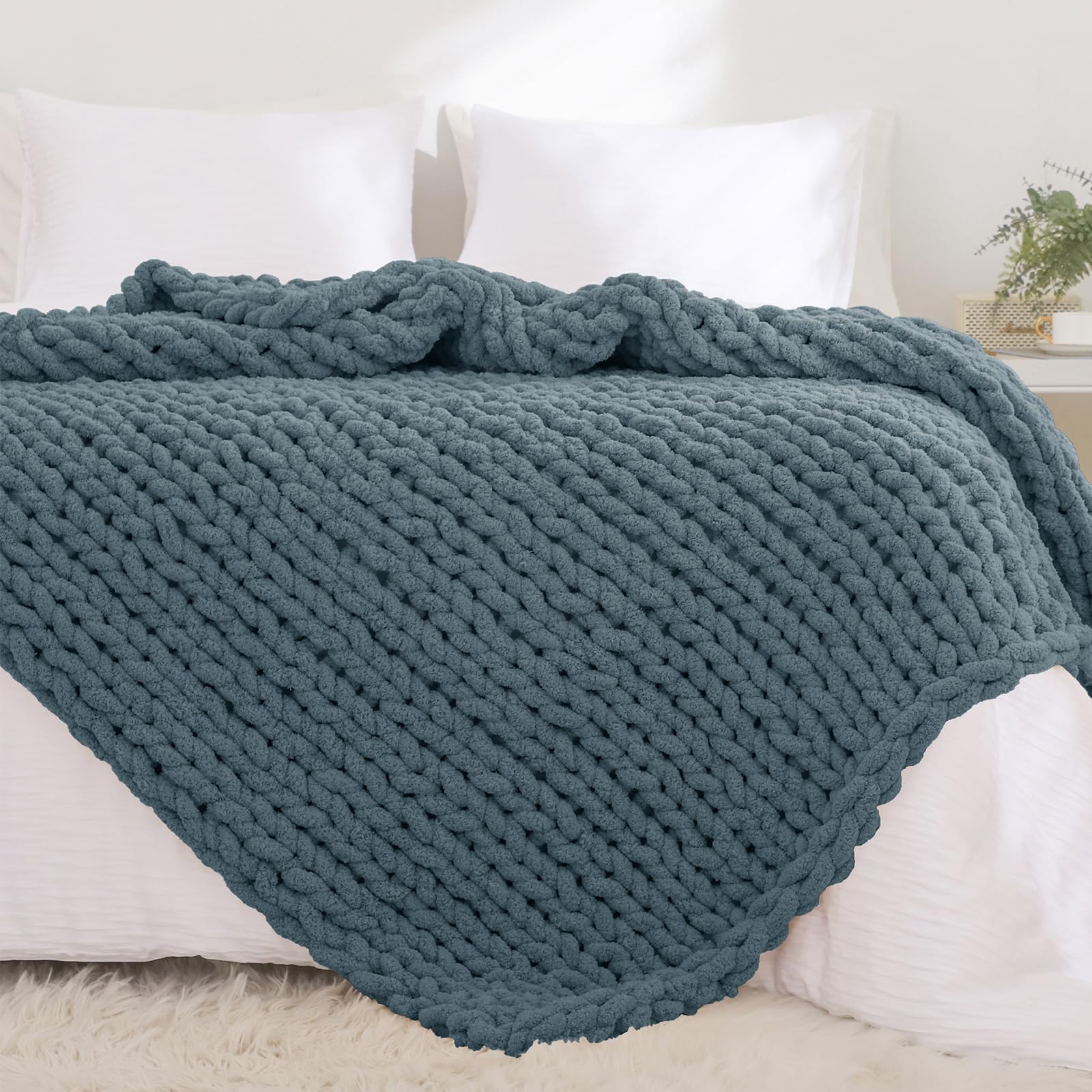 Yaapsu Chunky Knit Blanket Throw 51'X63', Soft Chenille Throw Blanket, 100% Hand Knitted Throw Blankets For Couch Bed, Big Thi